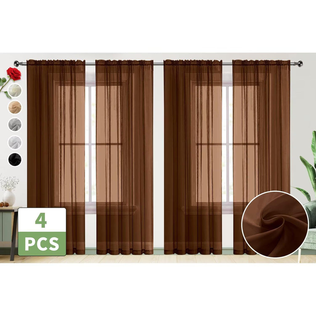 SpaceDresser Brown Sheer Curtains 4 Panels Rod Pocket Semi-Sheer Curtain 45 Inches Long Light Filtering Voile Window Drapes for Bedroom Living Room Kitchen, Each 52W x 45L