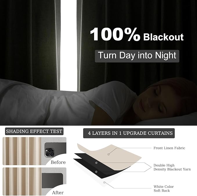 Topfinel Cream Linen Blackout Curtains 102 Inch Length 2 Panels Set for Living Room Bedroom Back Tab Thermal Insulated 100% Black Out Linen Drapes Room Darkening Cabin Curtains Beige