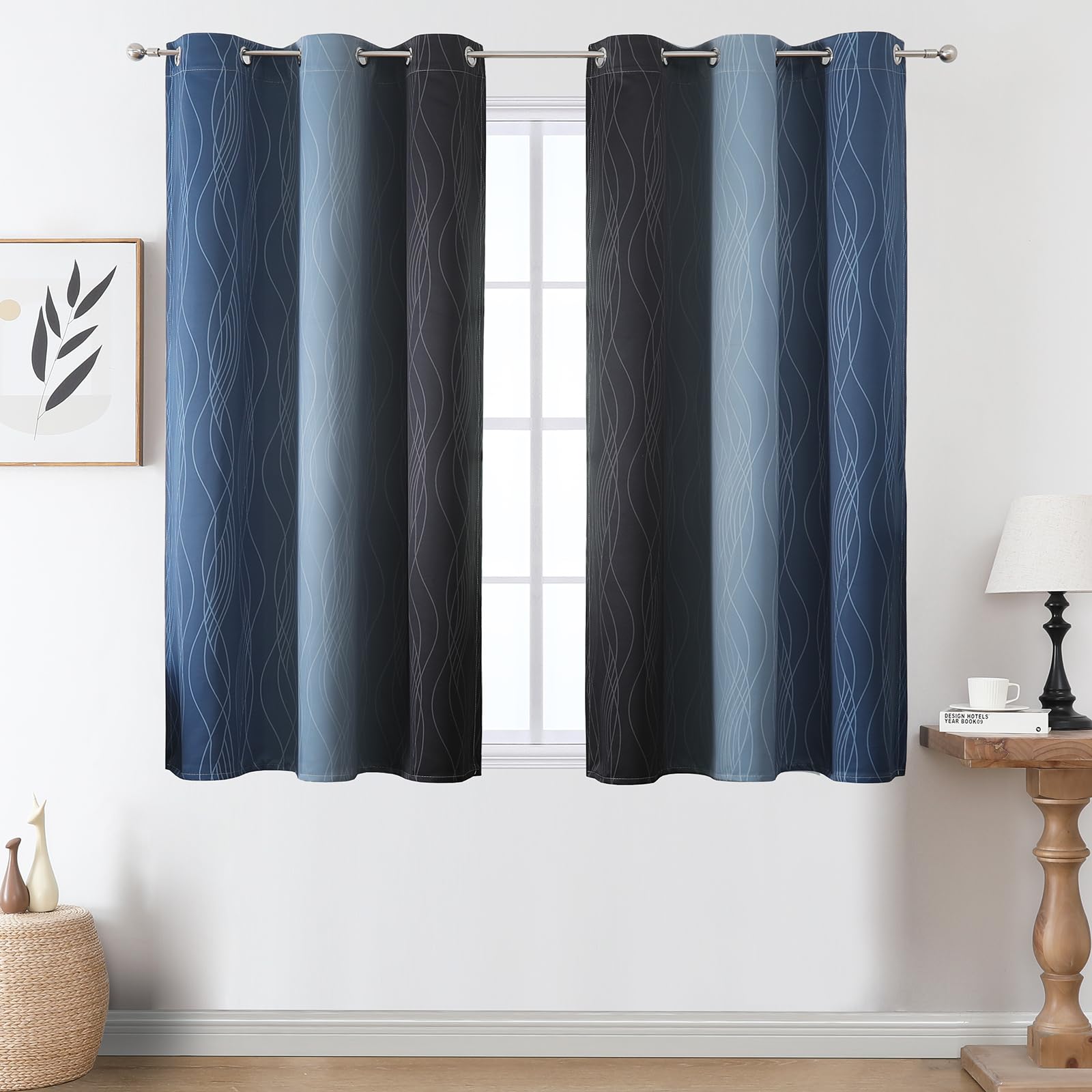 Navy Blue and Black Ombre Blackout Curtains for Bedroom 54 Inches Long