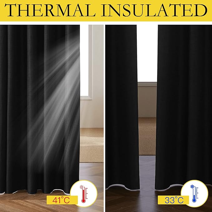 NICETOWN Vintage Open Linen Weave Flax Thermal Curtains, 100% Blackout Curtains 84 inches Long for Dining Room, Soundproof Window Treatment Drapes for Hall Room, Black, 42" Wide Per Panel, Set of 2
