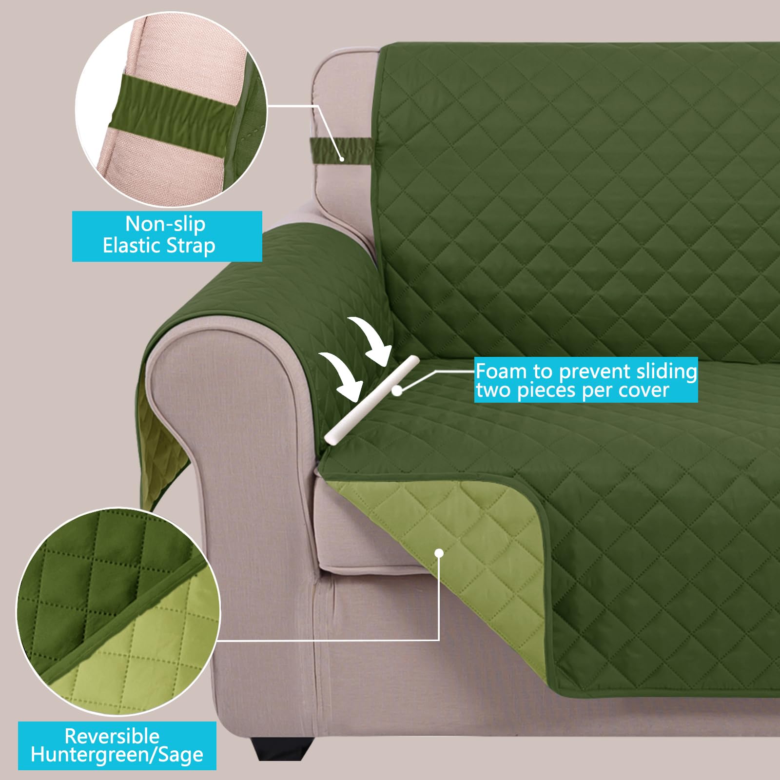 U-NICE HOME Large Sofa Cover Reversible Couch Cover, Huntergreen/Sage