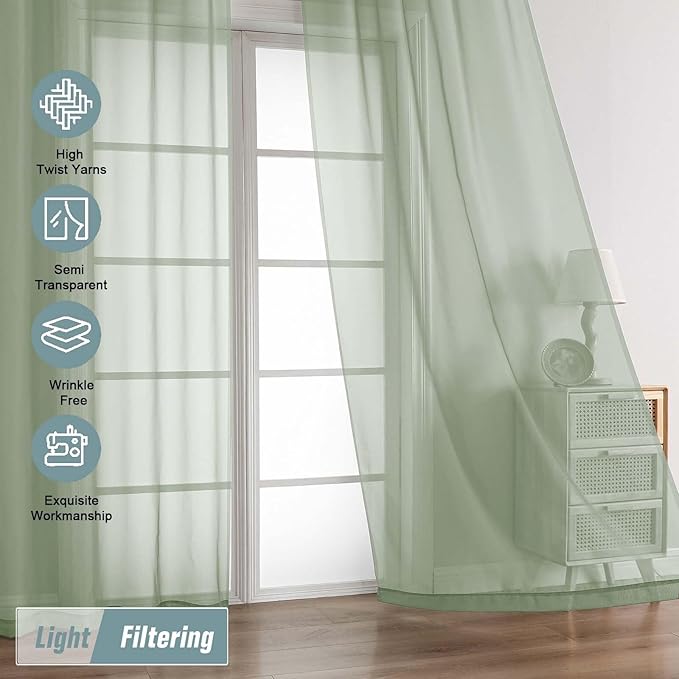 Sage Green Sheer Curtains for Windows 108 inches Long 2 Panels Set, Soft Lightweight Light Filtering Drapes for Living Room Bedroom, Dual Rod Pocket Sheer Curtains, 2x42Wx108L inches