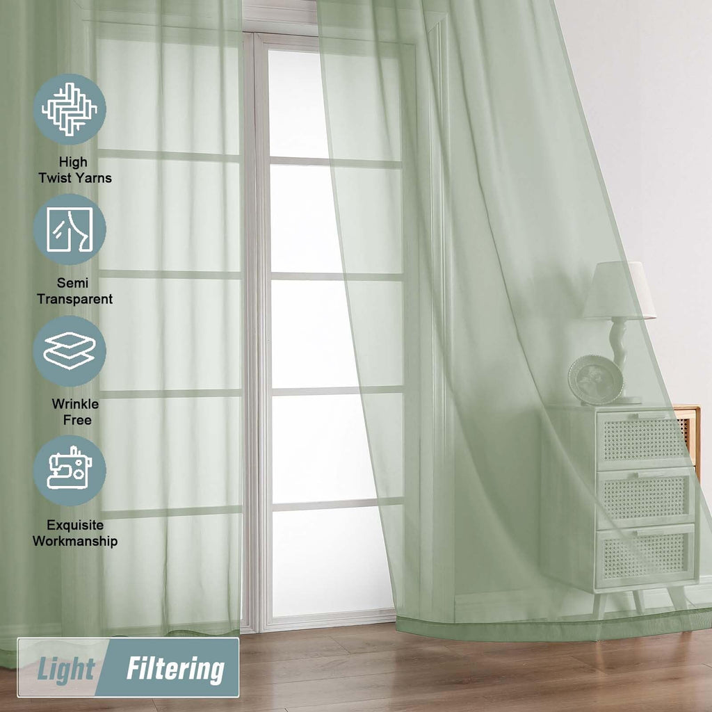 Ebesto Extra Wide Sage Green Sheer Curtains for Windows 108 inches Long, Lightweight Light Filtering Soft Drapes for Living Room Bedroom, Dual Rod Pocket Sheer Curtains, 2x59Wx108L inches, 9FT, 2PCS