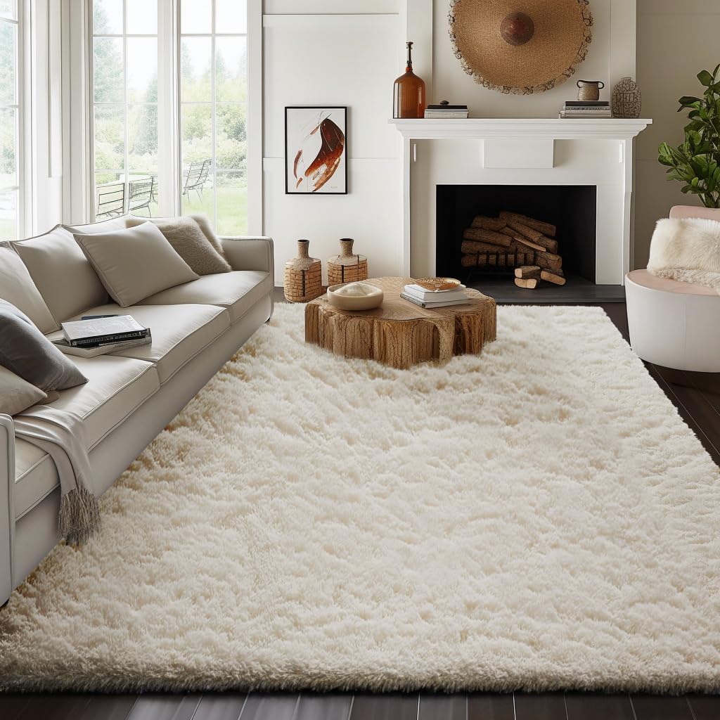 Ophanie 8x10 Area Rugs for Living Room, Washable Non-Slip Fluffy Soft Large Shag Bedroom Carpet, Ivory Big Indoor Nursery Rug, Carpets for Boy and Girls Room Dorm Decor with Over 99 pcs Pile fibers