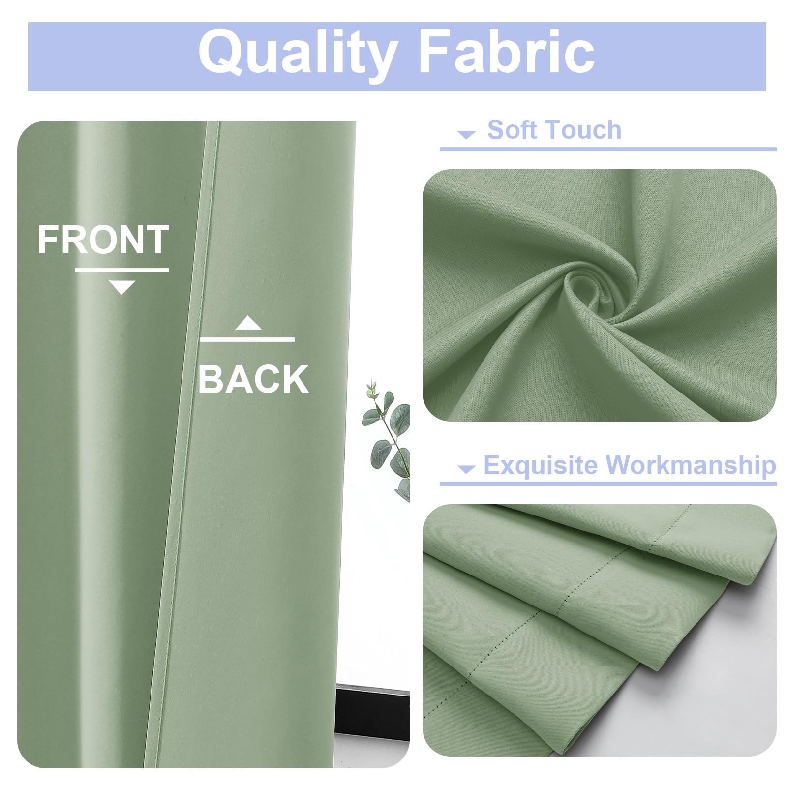 Simplebrand Ava Light Green Blackout Curtains for Bedroom 63 Inch Length 2 Panels Set, Solid Thermal Insulated Energy Saving Rod Pocket Window Treatment Curtains Blackout Drapes, W40 x L63 Inch