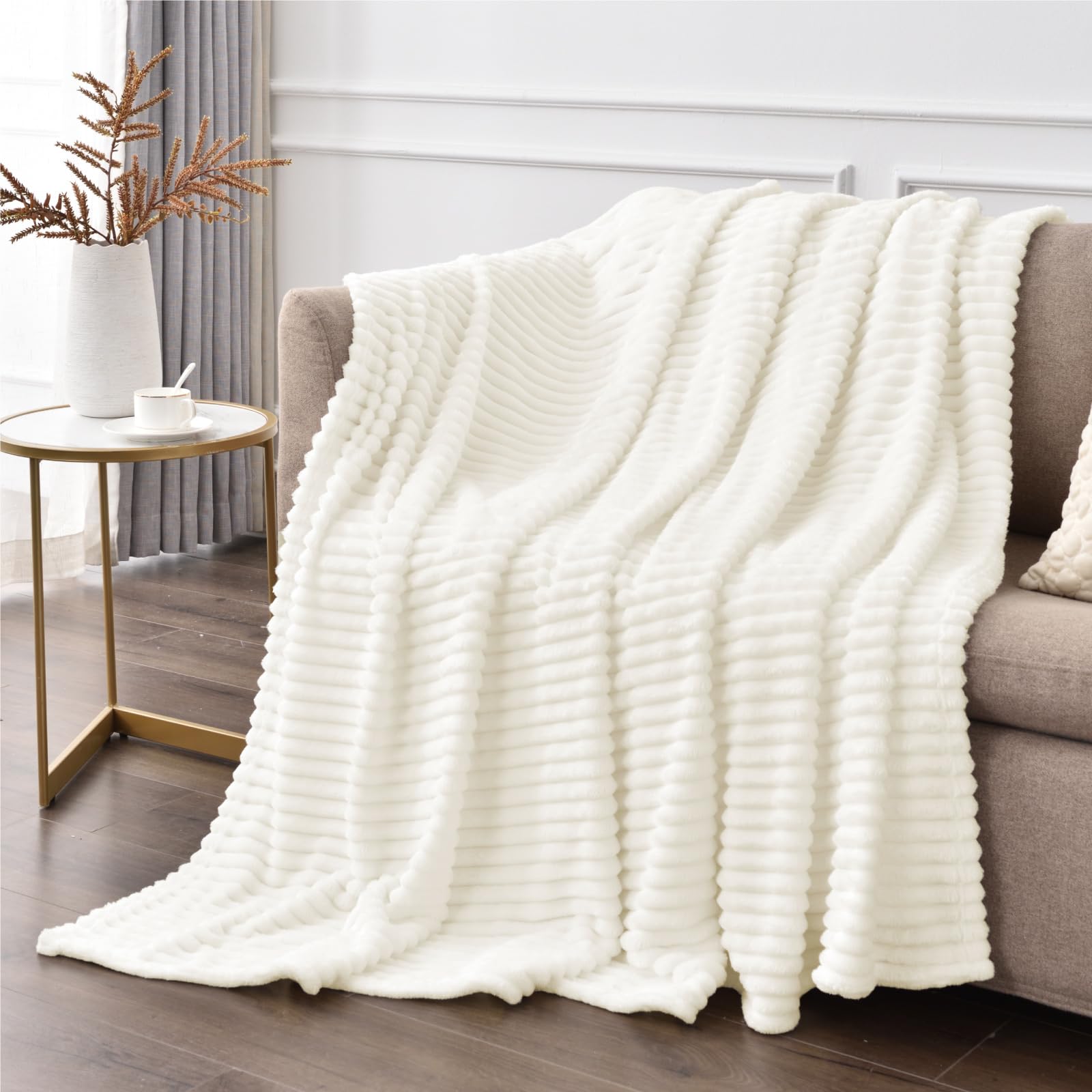 BEDELITE 3D Ribbed Jacquard Cream Blankets Queen Size for Bed, 90x90 Inch