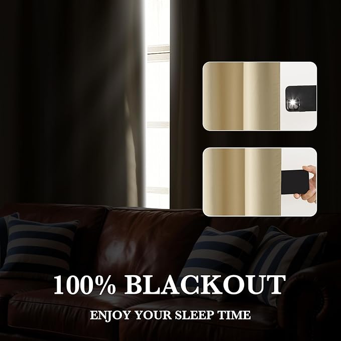 RYB HOME 100% Blackout Short Curtains for Small Window, Thermal Insulated Total Room Darkening Noise Reducing Curtains for Kitchen Bathroom Basement, 34 inches Wide by 45 inches Long, Biscotti Beige