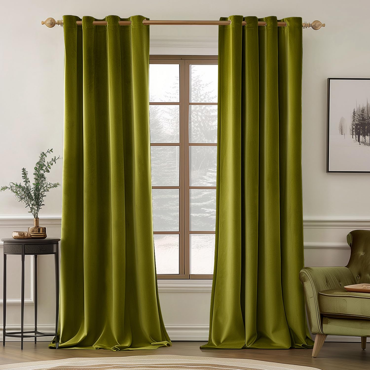 MIULEE Velvet Curtains Light Olive Green 52 x 90 Inch Length Set of 2