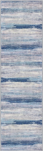 KOZYFLY Modern Abstract Washable Rug Runner 2x7 Hallway Runner Rug Non-Slip Soft Kitchen Runner Rugs, Print Blue/Grey/Beige Striped Carpet Runner for Entryway Bathroom Laundry Room Foyer
