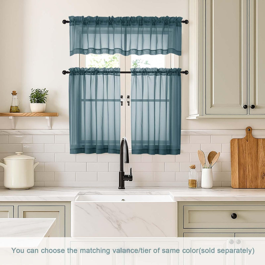Ebesto Small Sheer Curtains Tier 24 Inches Length 2 Pieces, Light Filtering Cafe Curtains for Living Room Bathroom, Modern Window Treatments Dual Rod Pocket Panels, Dusty Blue, 2X42Wx24L Inches