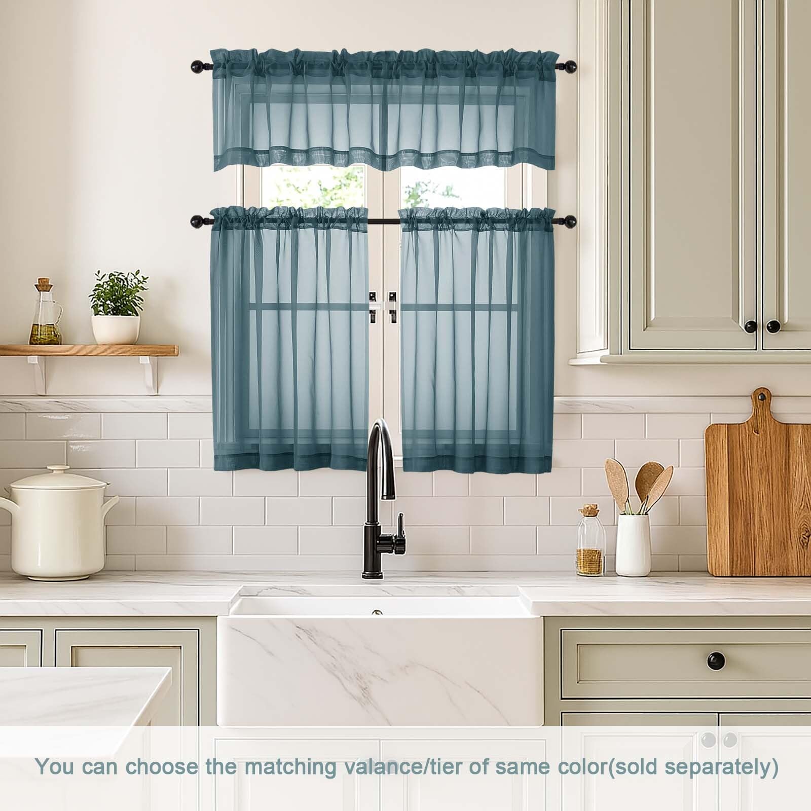Ebesto Small Sheer Curtains Tier 24 Inches Length 2 Pieces, Light Filtering Cafe Curtains for Living Room Bathroom, Modern Window Treatments Dual Rod Pocket Panels, Dusty Blue, 2X42Wx24L Inches