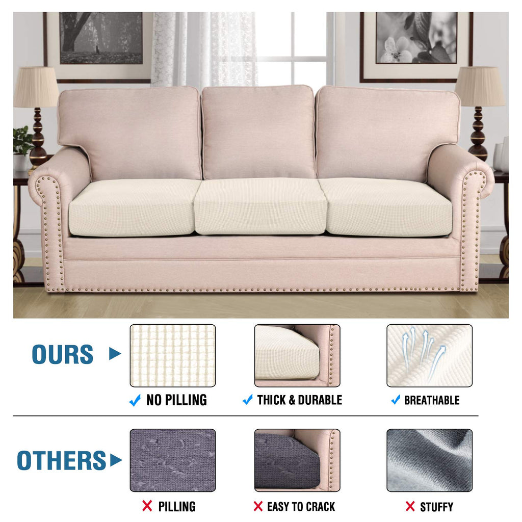 H.VERSAILTEX Super Stretch Individual Seat Cushion Cover Sofa Covers Couch Cushion Covers Slipcover Sets Thick Jacquard Textured Twill Fabric (3 Piece Sofa Cushion Covers, Natural)