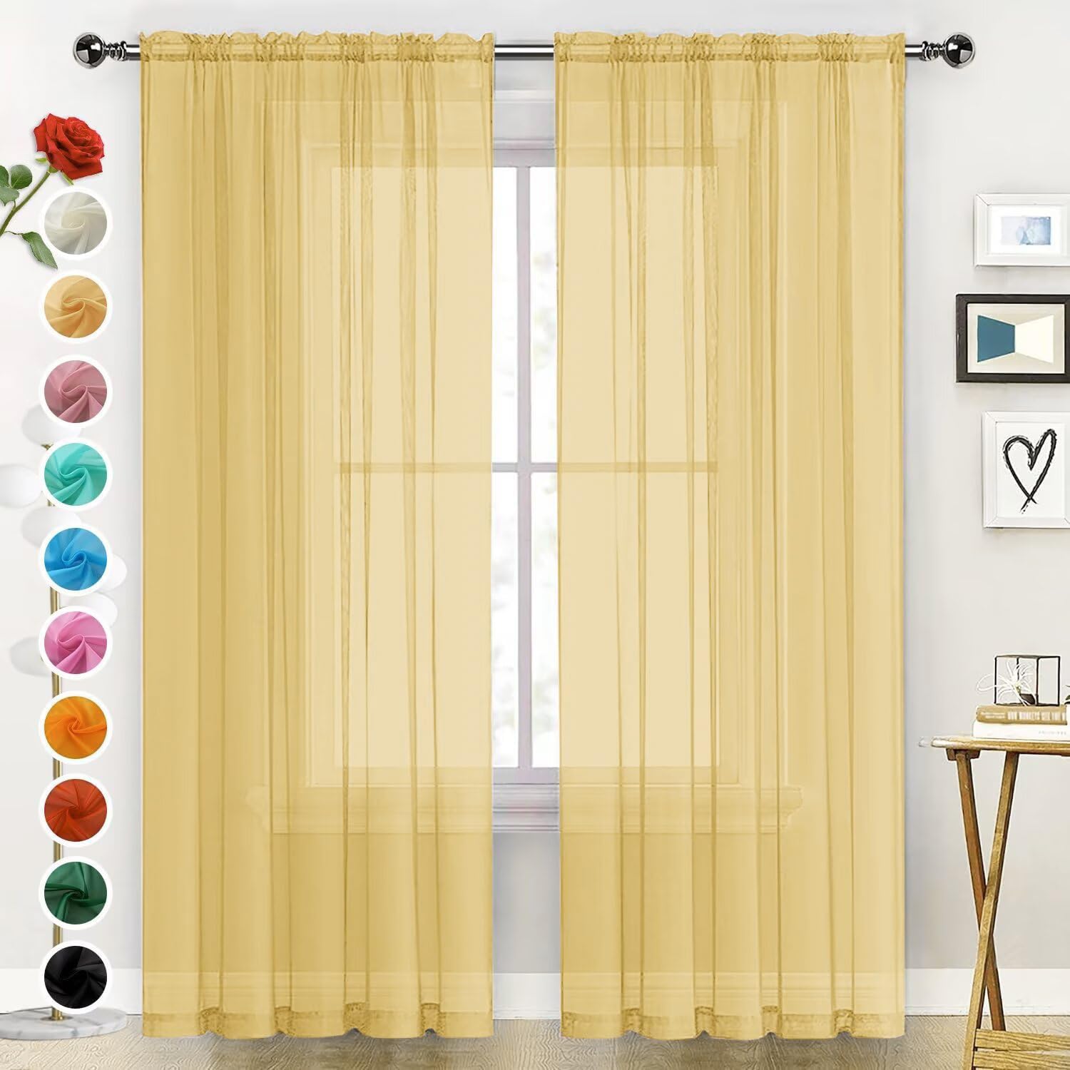 SpaceDresser Basic Rod Pocket Sheer Voile Window Curtain Panels Gold 1 Pair 2 Panels 52 Width 84 Inch Long for Kitchen Bedroom Children Living Room Yard（Gold, 52W x 84L）