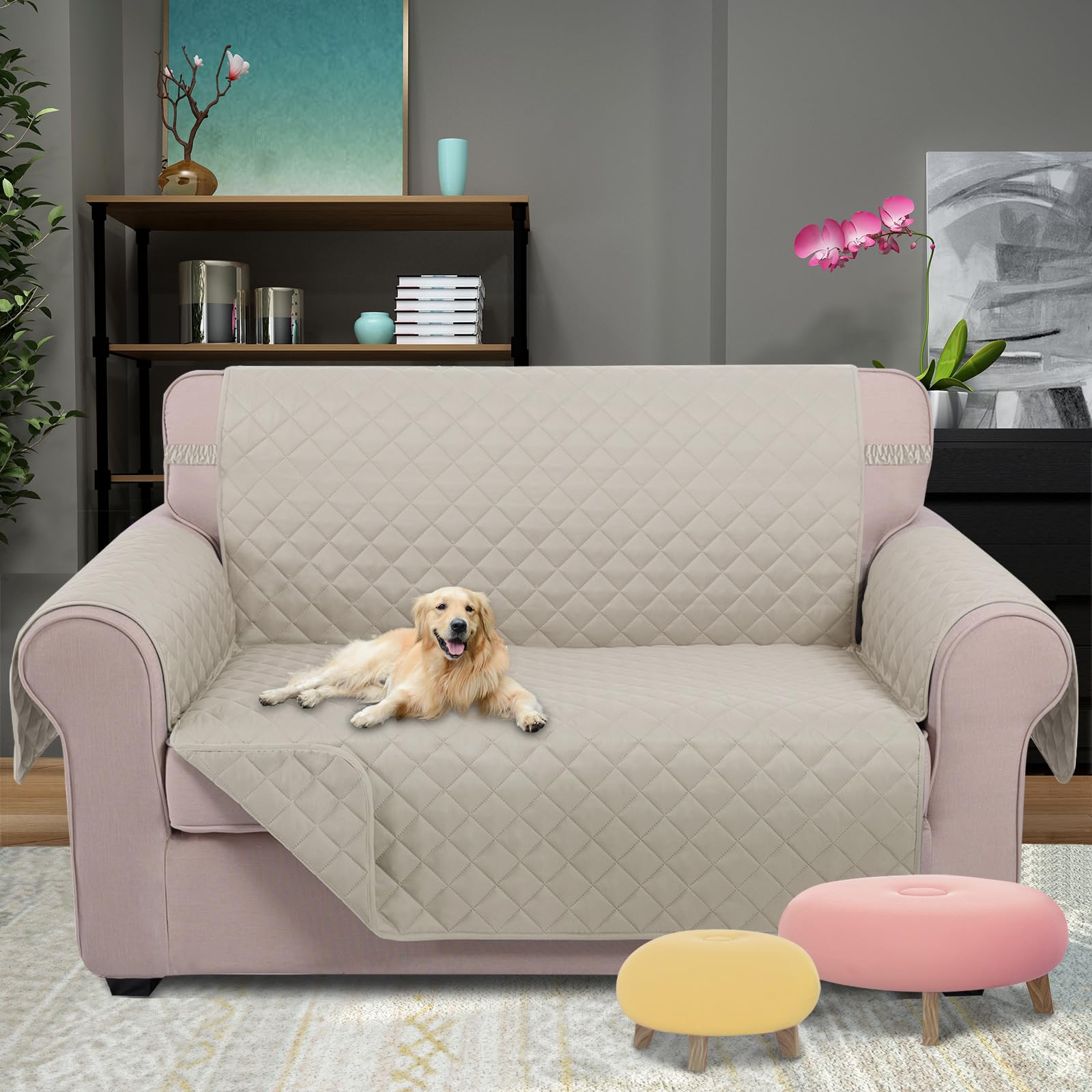 U-NICE HOME Loveseat Sofa Cover for 2 Cushion Couch, Beige/Beige