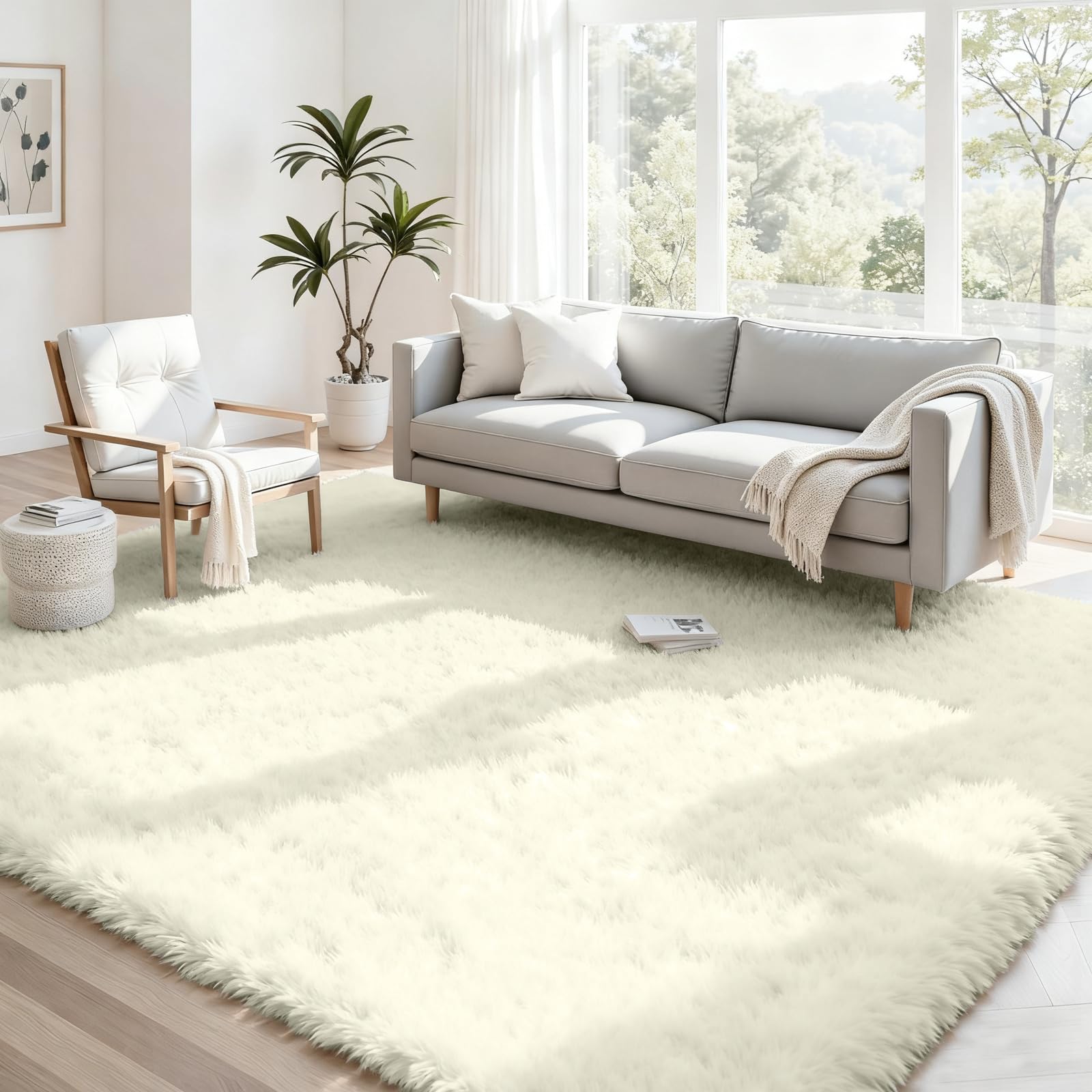 4x6 Fluffy Shag Area Rugs for Living Room Bedroom: Soft Carpet Cream White