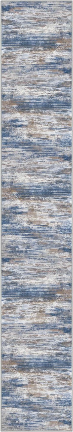 KOZYFLY Modern Abstract Washable Rug Runner 2.6x16 Hallway Rug Runner Non-Slip Soft Kitchen Runner Rugs, Blue Rust Striped Carpet for Stair Entryway Bathroom Laundry Room Foyer
