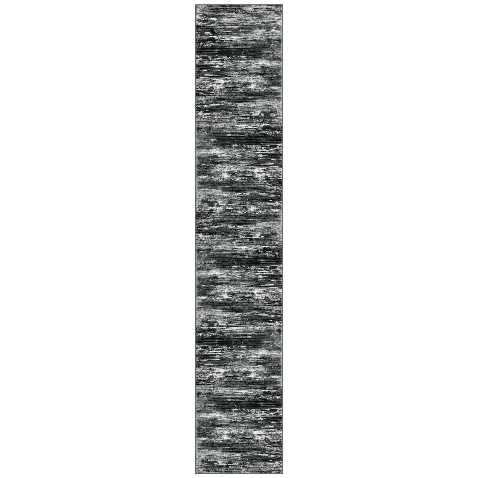 KOZYFLY Modern Abstract Washable Rug Runner 2.6x14 Hallway Rug Runner Non-Slip Soft Kitchen Runner Rugs, Black Grey Striped Carpet for Entryway Bathroom Laundry Room Foyer