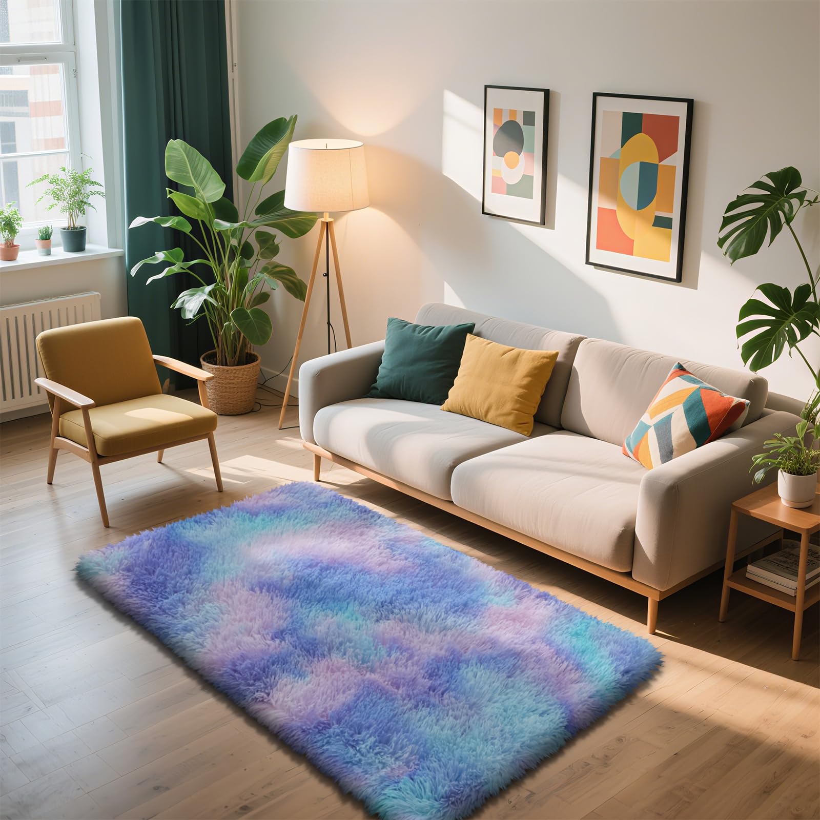 3x5 Area Rug for Bedroom, Rainbow Purple Fluffy Shag Rug Plush Carpet