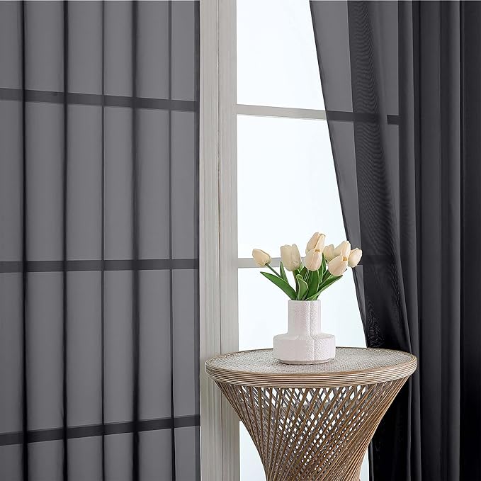 OWENIE Sheer Curtains 84 Inches Long 2 Panels Set, Black Sheer Curtain for Living Room Bedroom, Modern Filmy Rod Pocket Curtains Drapes, 2 Pcs, Each 59 W x 84L, Black