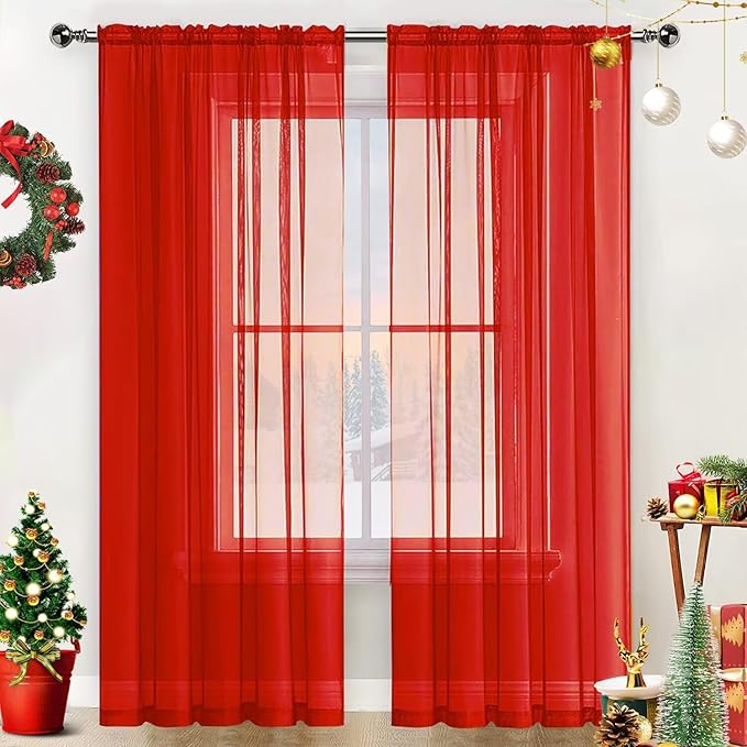 SpaceDresser Sheer Voile Window Treatment Rod Pocket Curtain Panels for Kitchen Bedroom Living Room Drapes Sunlight Filtering Privacy Semi Home Decor Assorted (Red, 52 W x 84 L)