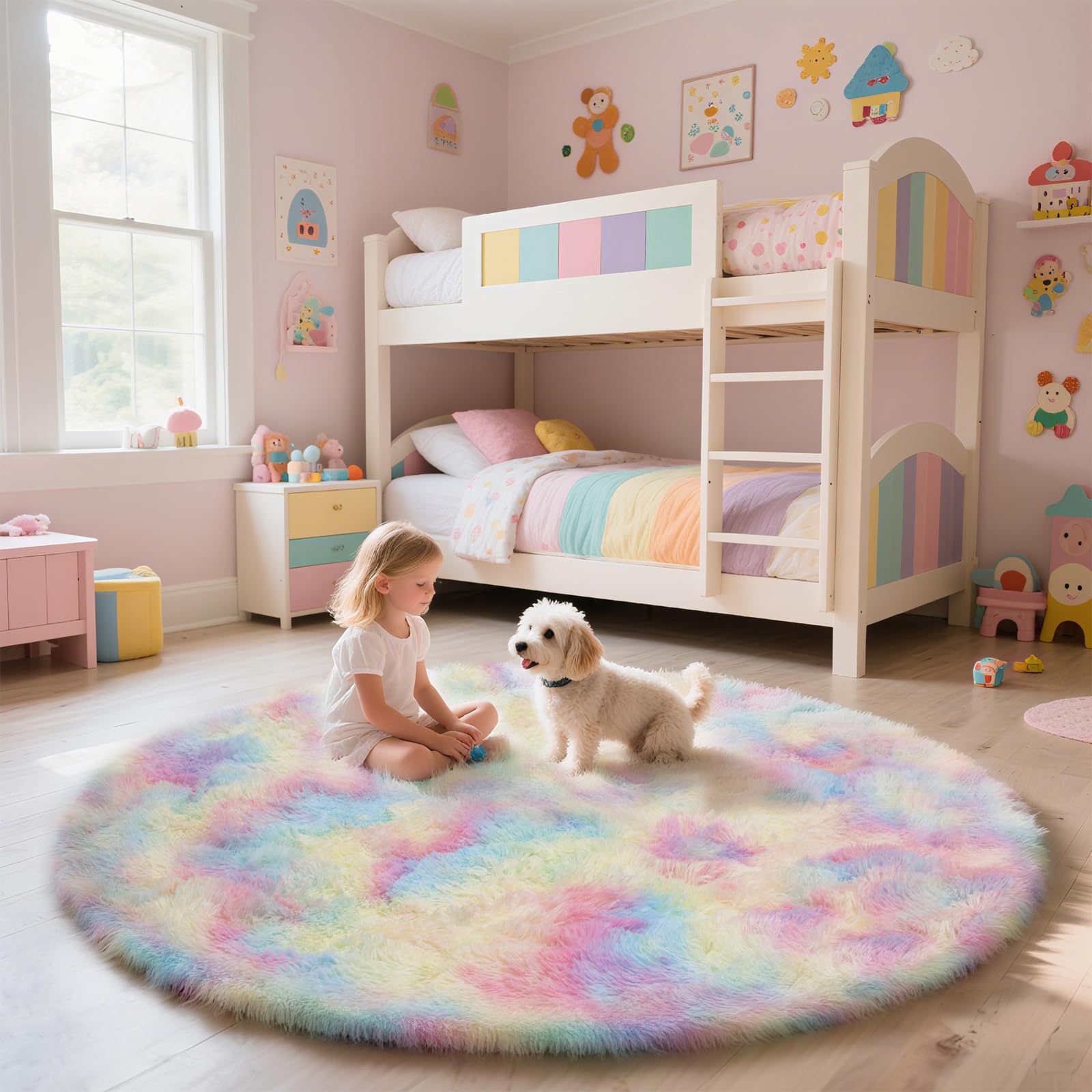 Rainbow Fluffy Round Area Rugs for Bedroom,5'X5'Shag Circle Small Area Rugs
