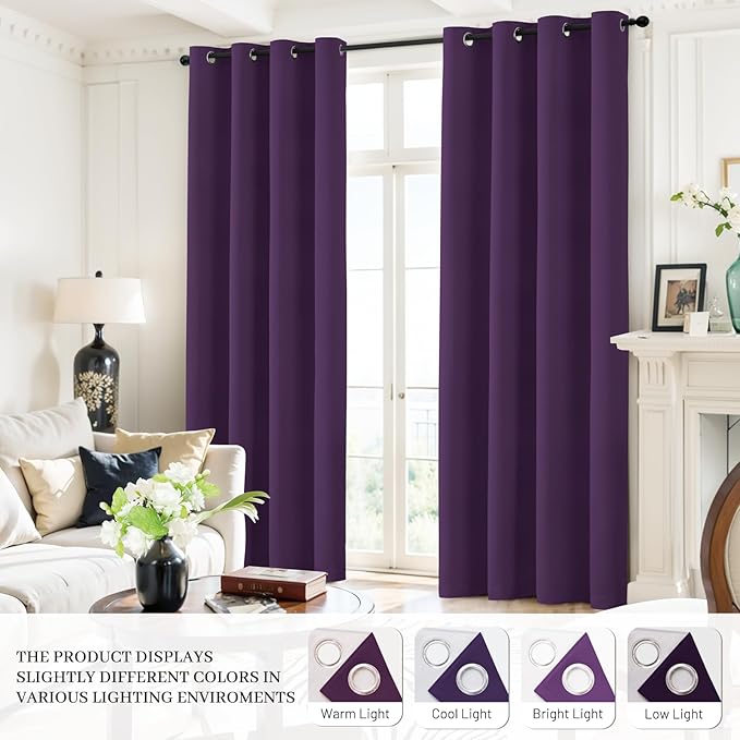 Yakamok 100% Blackout Curtains 52x96 inch Long Purple Window Drapes-Bedroom
