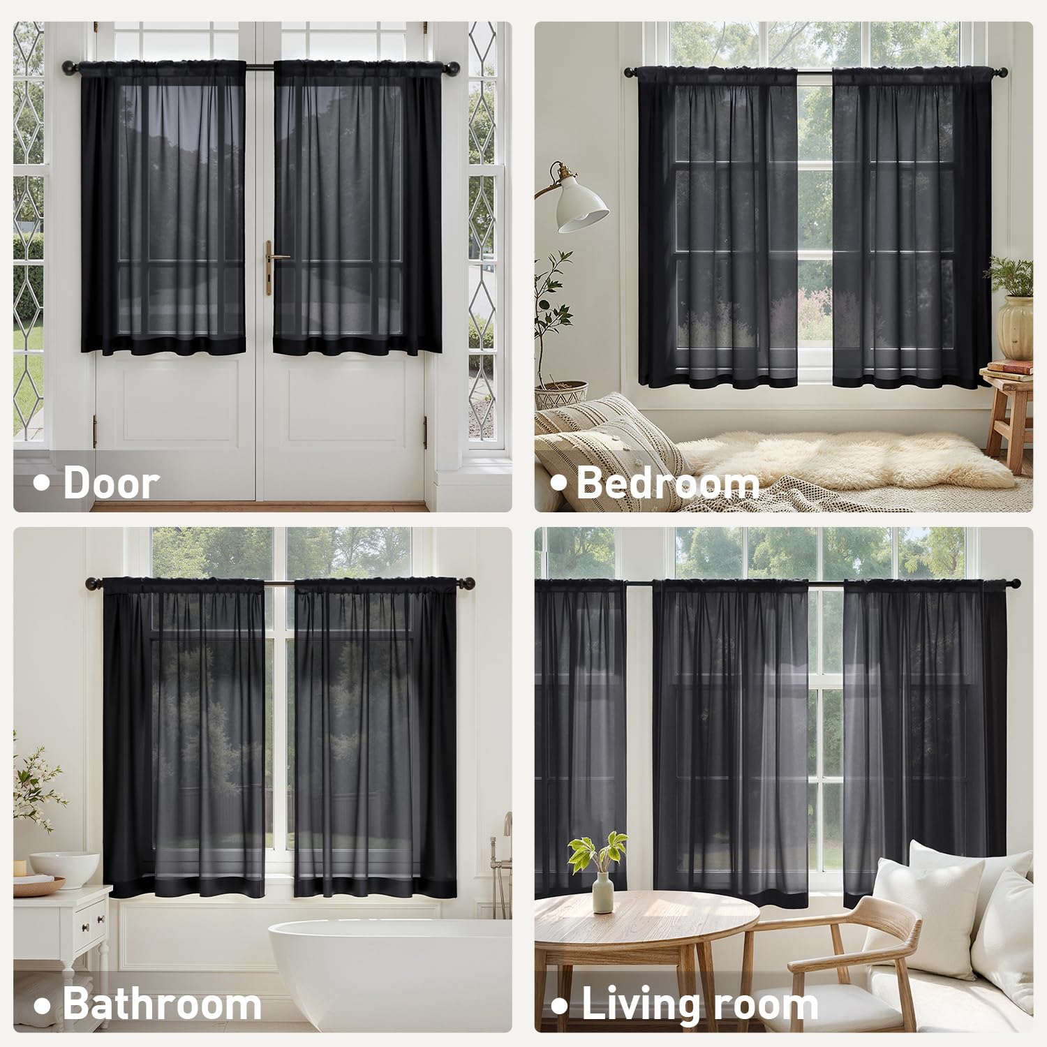MIULEE 4 Panels Half Window Tier Black Sheer Curtains 42 x 30 Inches
