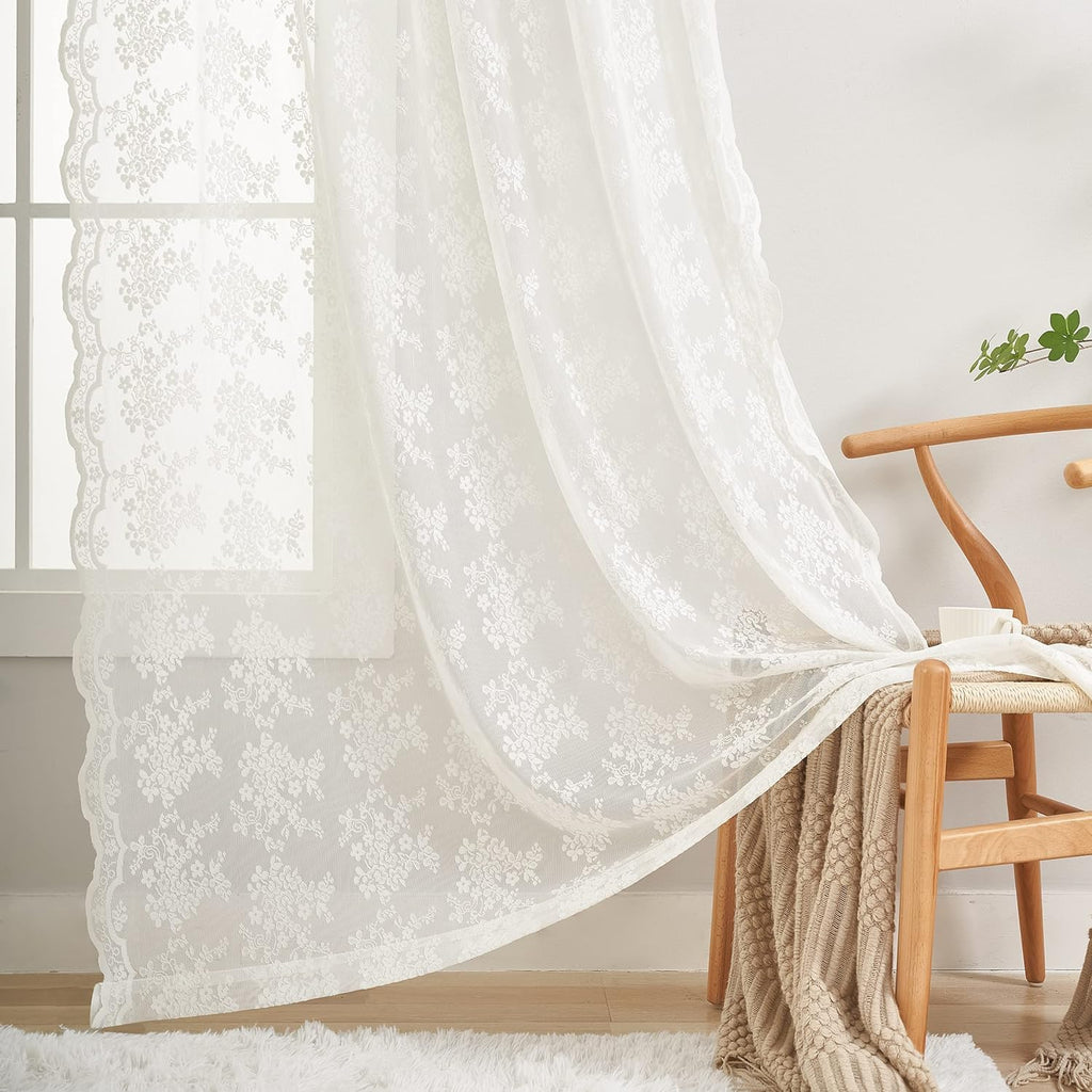 YJ YANJUN Vintage Lace Curtains 90 Inches Long for Dining Room Pair French Country Floral Sheer Curtains for Bedroom Playroom Ivory Cream Colored Boho Farmhouse Decoration 52 x 90 Off White