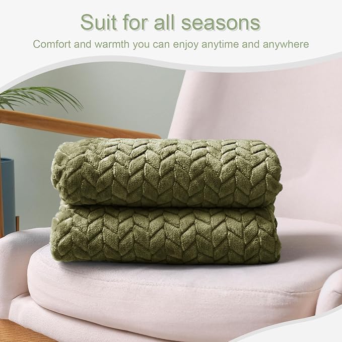 Exclusivo Mezcla Fleece Throw Blanket for Couch Sofa, 50”x70”, Olive Green