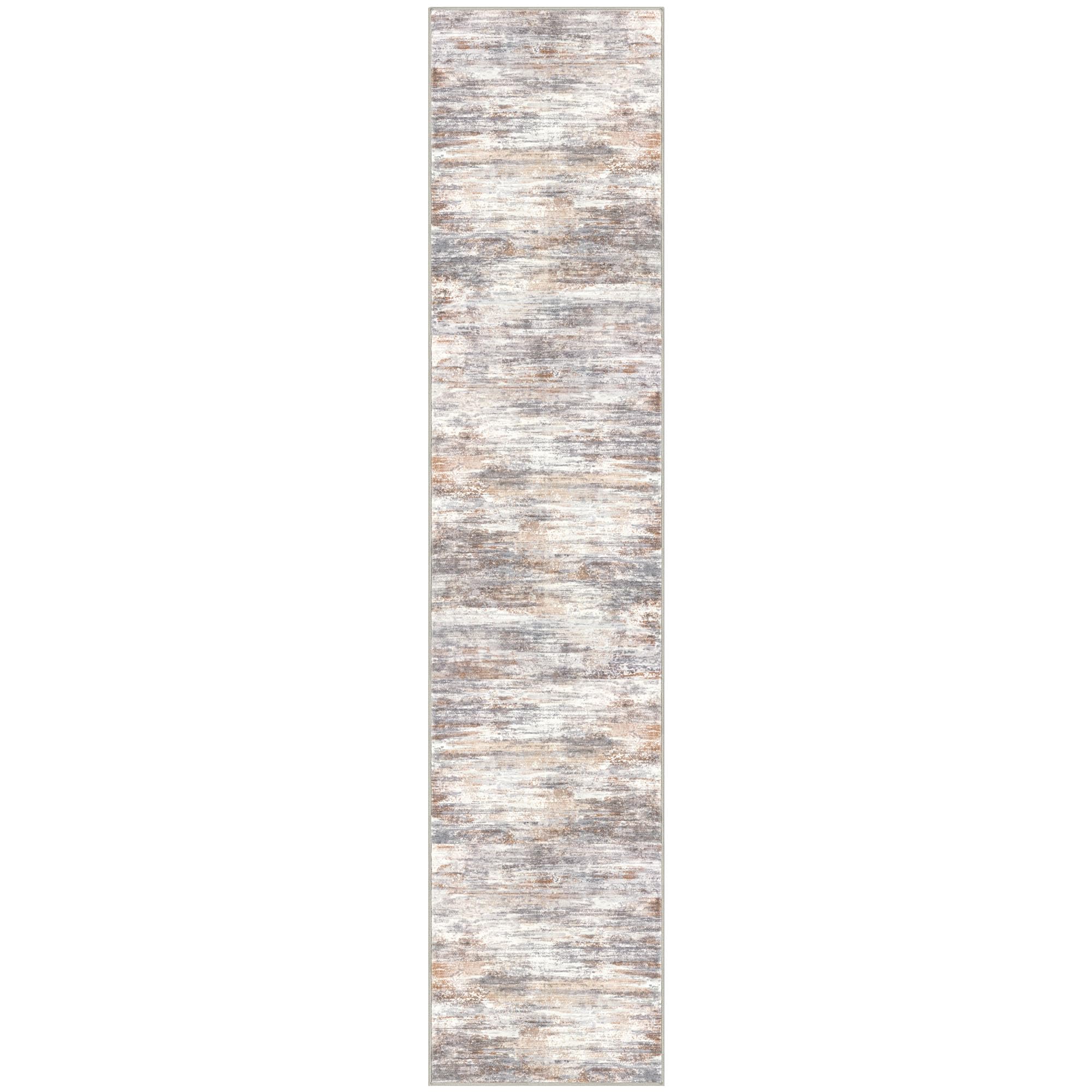 KOZYFLY Modern Abstract Washable Rug Runner 2.6x12 Hallway Rug Runner Non-Slip Soft Kitchen Runner Rugs, Multi Grey/Orange Striped Carpet for Entryway Bathroom