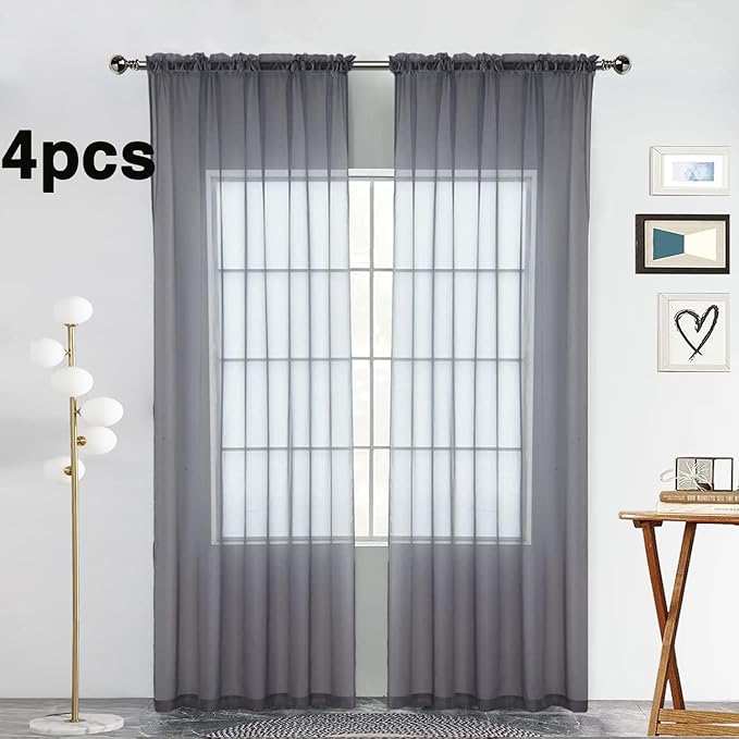 SpaceDresser Grey Sheer Curtains 4 Panels Rod Pocket Semi-Sheer Curtain 45 Inches Long Light Filtering Voile Window Drapes for Bedroom Living Room Kitchen, Each 52W x 45L