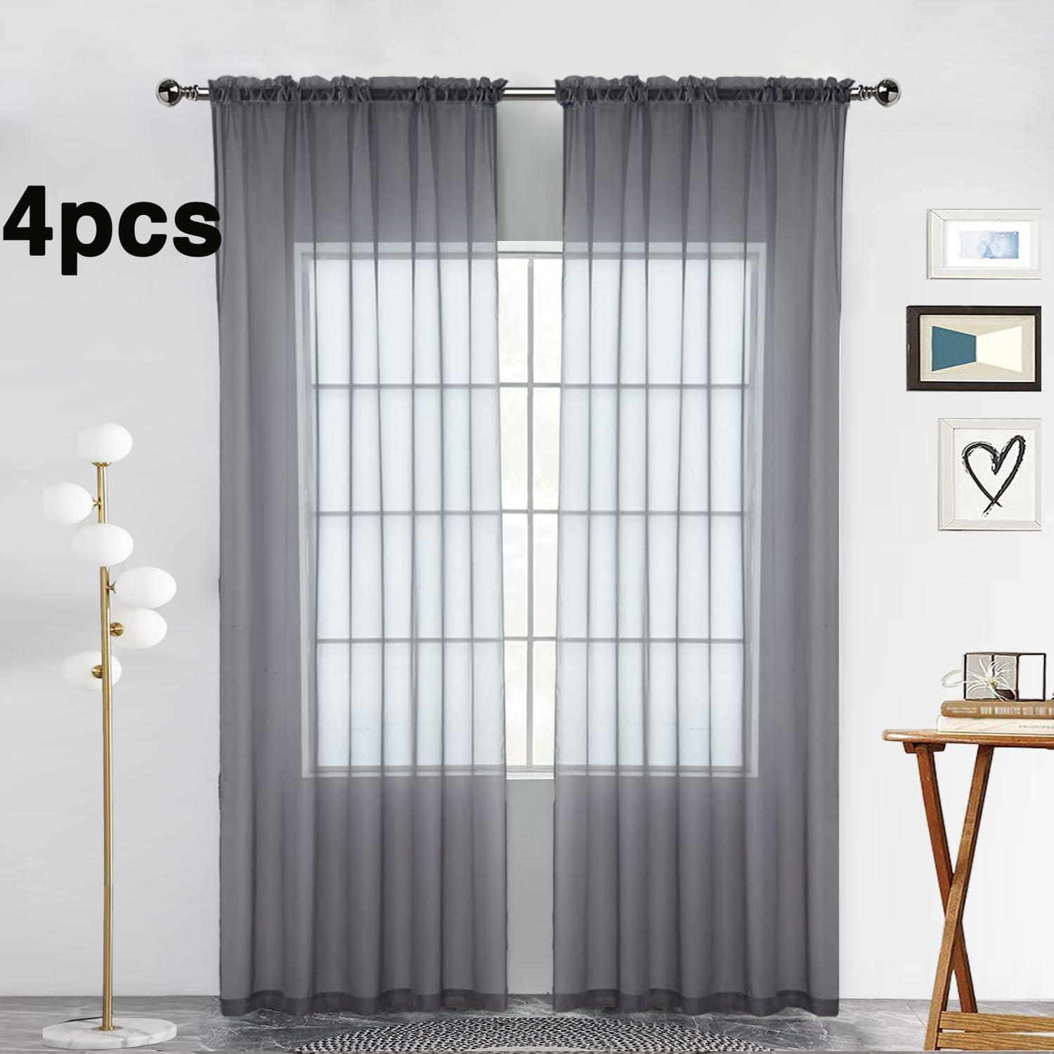 SpaceDresser Grey Sheer Curtains 4 Panels Rod Pocket Semi-Sheer Curtain 72 Inches Long Light Filtering Voile Window Drapes for Bedroom Living Room Kitchen, Each 52W x 72L