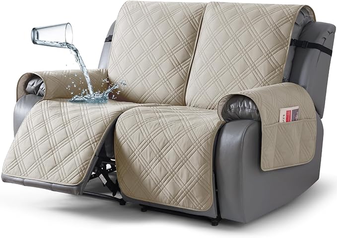TAOCOCO 100% Waterproof Loveseat Recliner Cover, Non Slip Split Loveseat Covers for Reclining Loveseat with Elastic Straps, Washable Recliner Chair/Furniture Protector for Kids Pets(2 Seater, Cream)