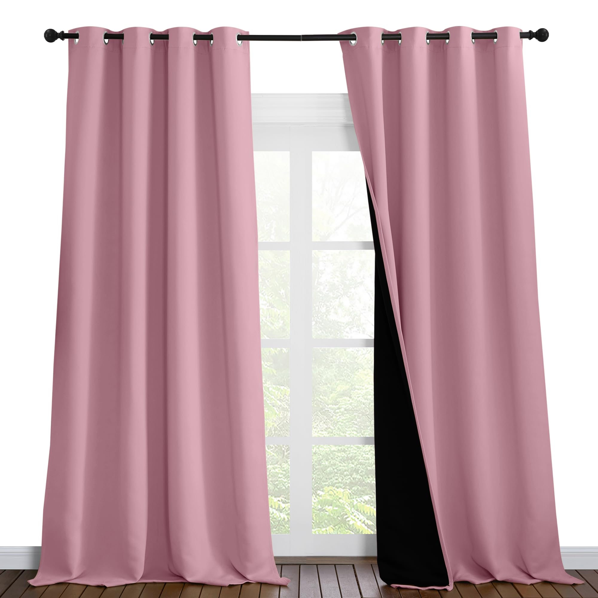NICETOWN 100% Blackout Blinds, Laundry Room Decor Window Treatment Curtains for Large Patio Sliding Door, Thermal Insulated Crystal Pink Curtains for Bedroom, Set of 2, 55 inches x 102 inches