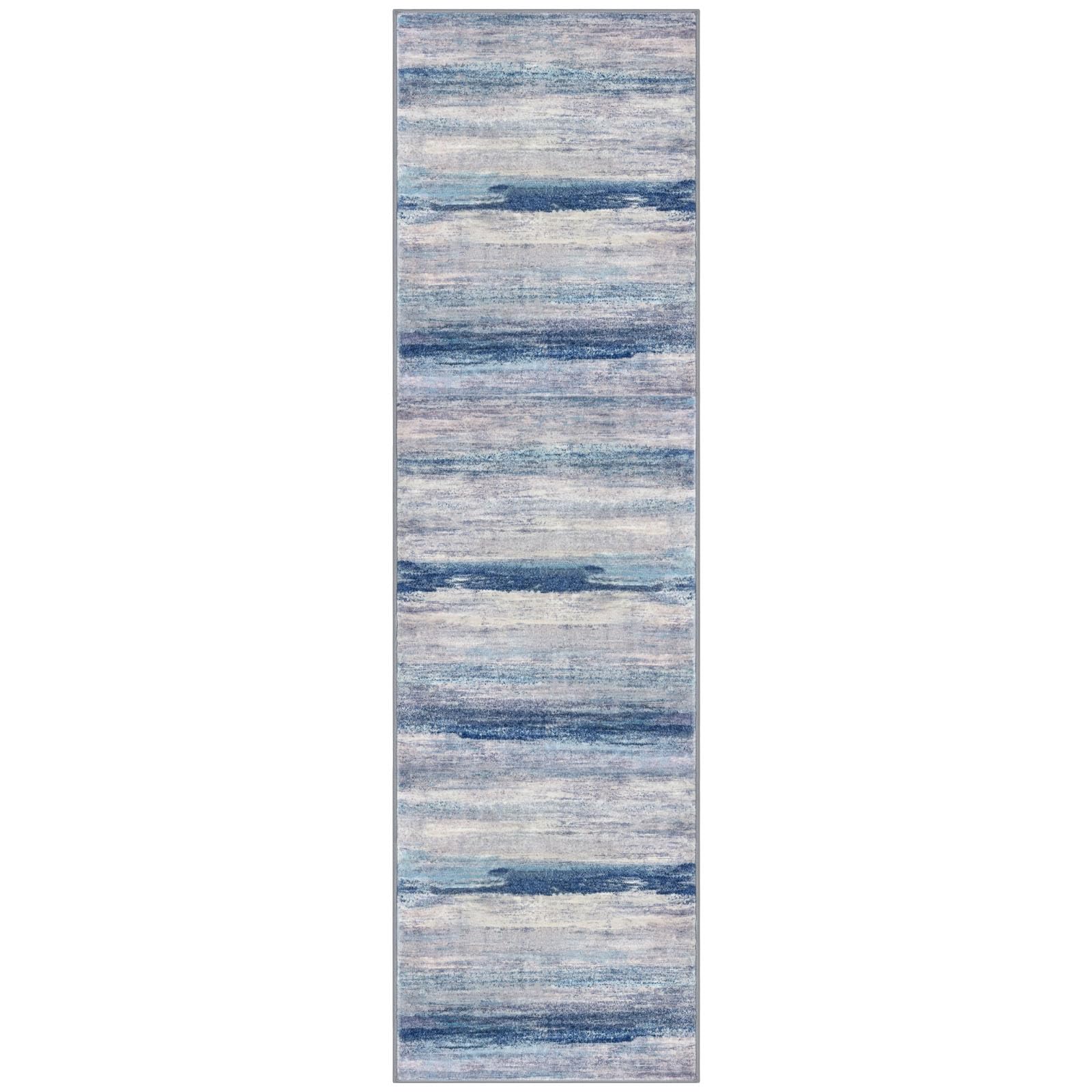 KOZYFLY 3x10 Ft Rug Modern Ombre Runner Rug for Hallway, Washable Kitchen Rugs Non-Slip Soft Striped Entryway Rug, Print Blue/Grey/Beige Abstract Carpet for Laundry Nursery