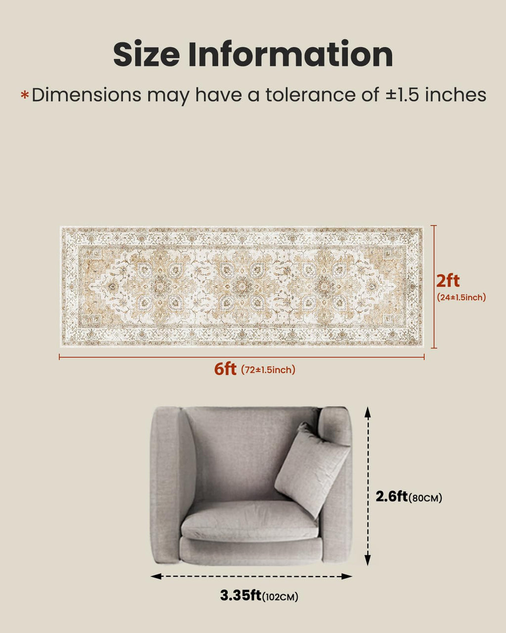 AMADA HOMEFURNISHING 2x6 Washable Runner Rug, Low-Profile Kitchen Rugs with Non-Slip Backing & Durable Edge Binding, Vintage Entryway Runner Rug for Bedroom & Hallway