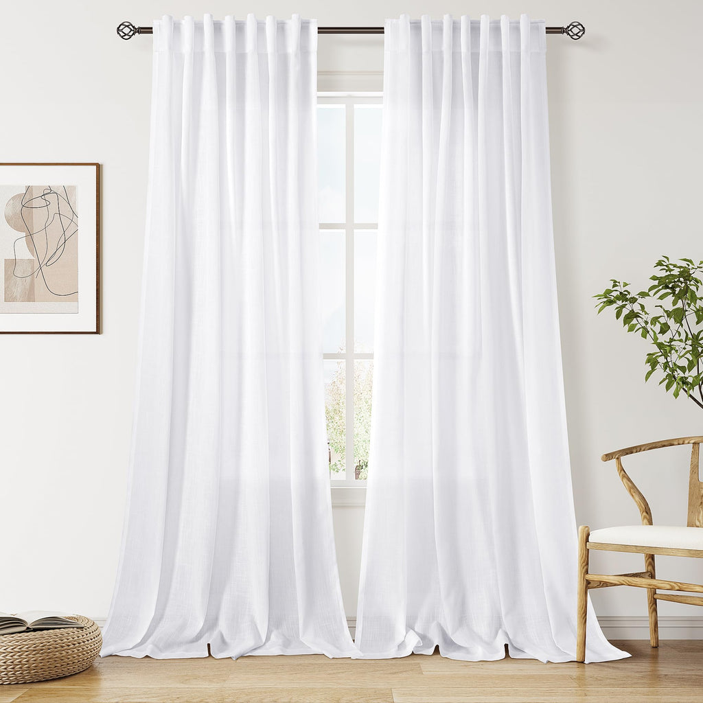 Snow White Linen Curtains 102 Inches Long for Living Room Light Filtering Semi Sheer Curtain Back Tab Luxury Neutral Modern Farmhouse Decor Floor to Ceiling Neutral Drapes for Bedroom 52x102,2 Panels