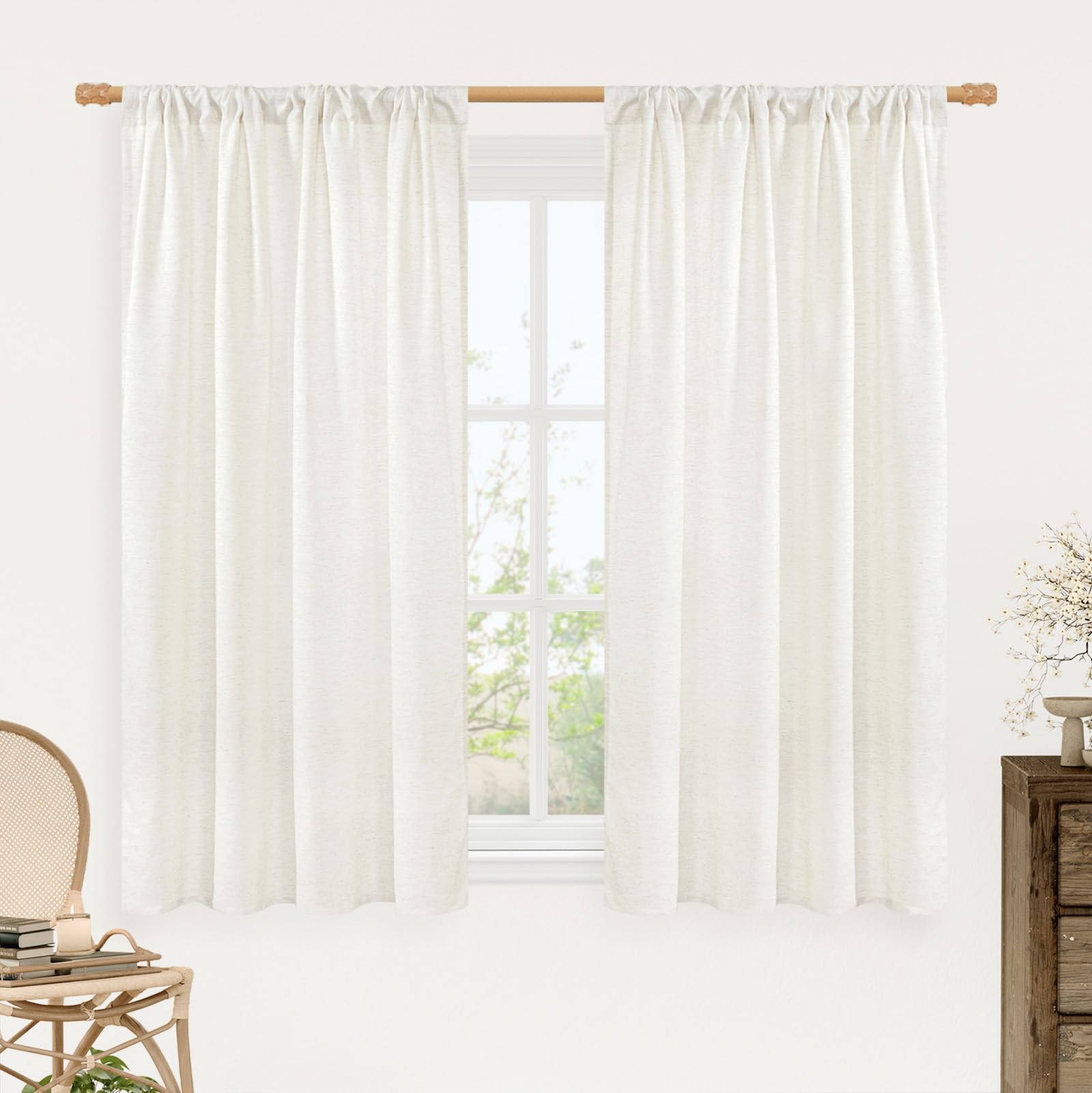LAMIT Light Filtering Linen Curtains 54 Inches Long for Bedroom, Natural Ivory Soft Faux Linen Textured Panels Rod Pocket Neutral Drapes for Window/Loft Room, 42 x 54 Inch, 2 Panels