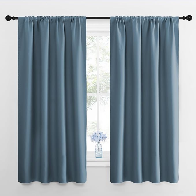 NICETOWN Bedroom Curtains Blackout Draperies, Smoky Blue, 1 Pair, 34-inch W x 63-inch L, Home Decorations Thermal Insulated Solid Pole Top Blackout Drapes for Living Room