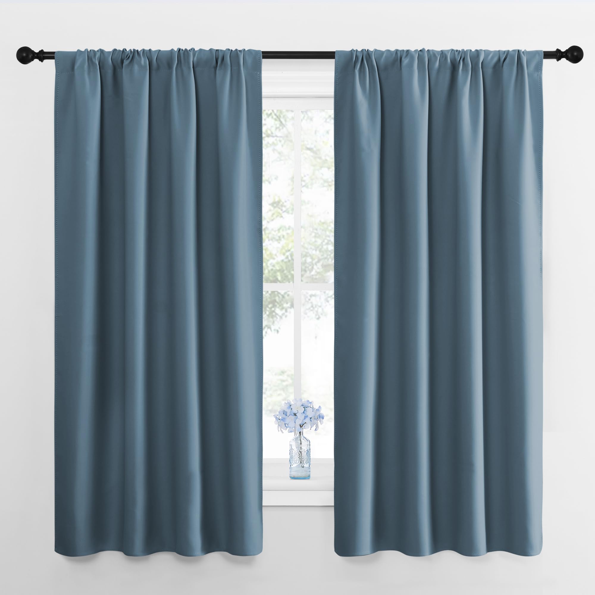 NICETOWN Bedroom Curtains Blackout Draperies, Smoky Blue, 1 Pair, 34-inch W x 63-inch L, Home Decorations Thermal Insulated Solid Pole Top Blackout Drapes for Living Room