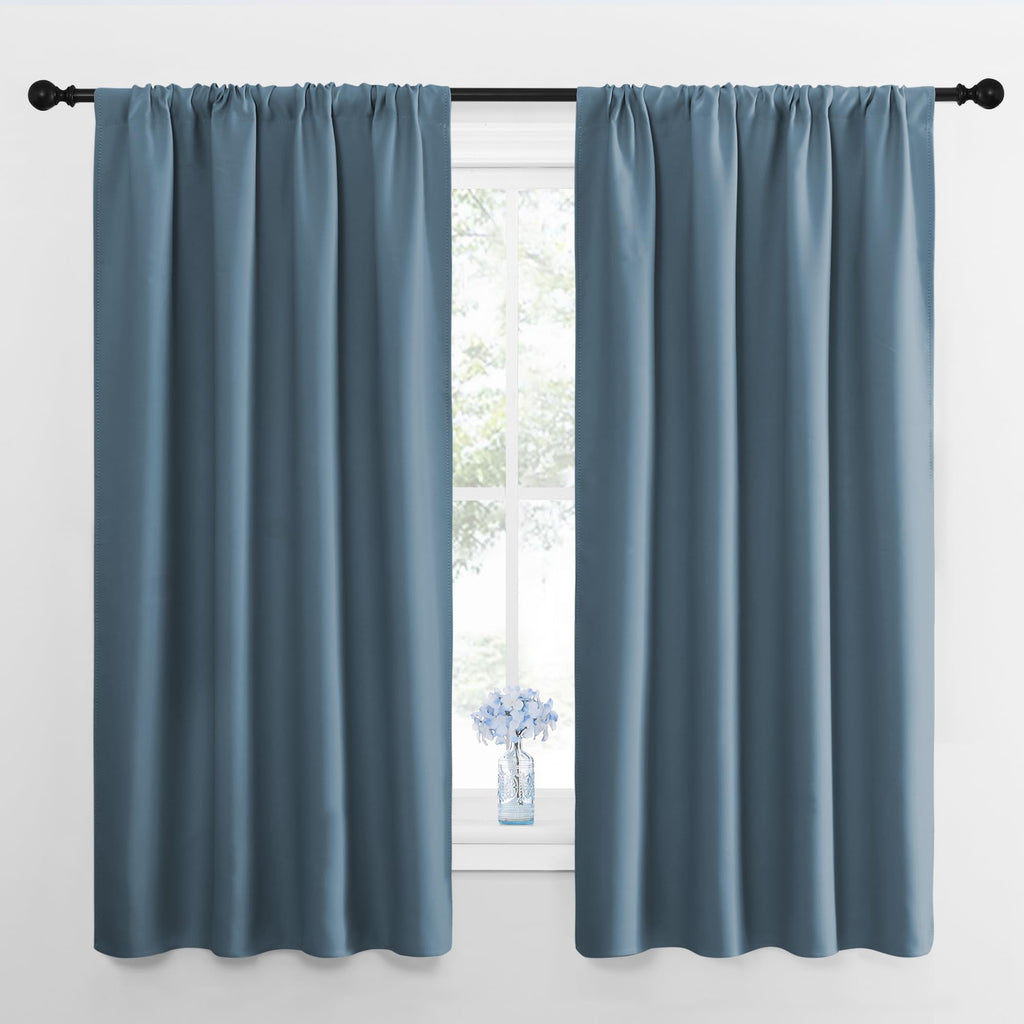 NICETOWN Window Curtains for Bedroom, Smoky Blue, 2 Panels, W42 x L48 -Inch, Home Decoration Thermal Insulated Rod Pocket Blackout Blinds & Drapes for Small Windows