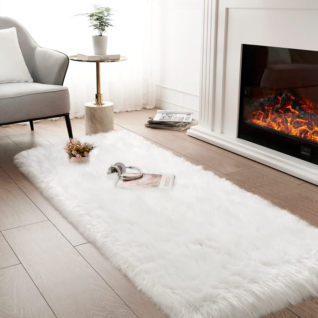 Tangsoo 2x6 White Fluffy Faux Fur Runner Rug,Soft Sofa Couch Cover Cushion