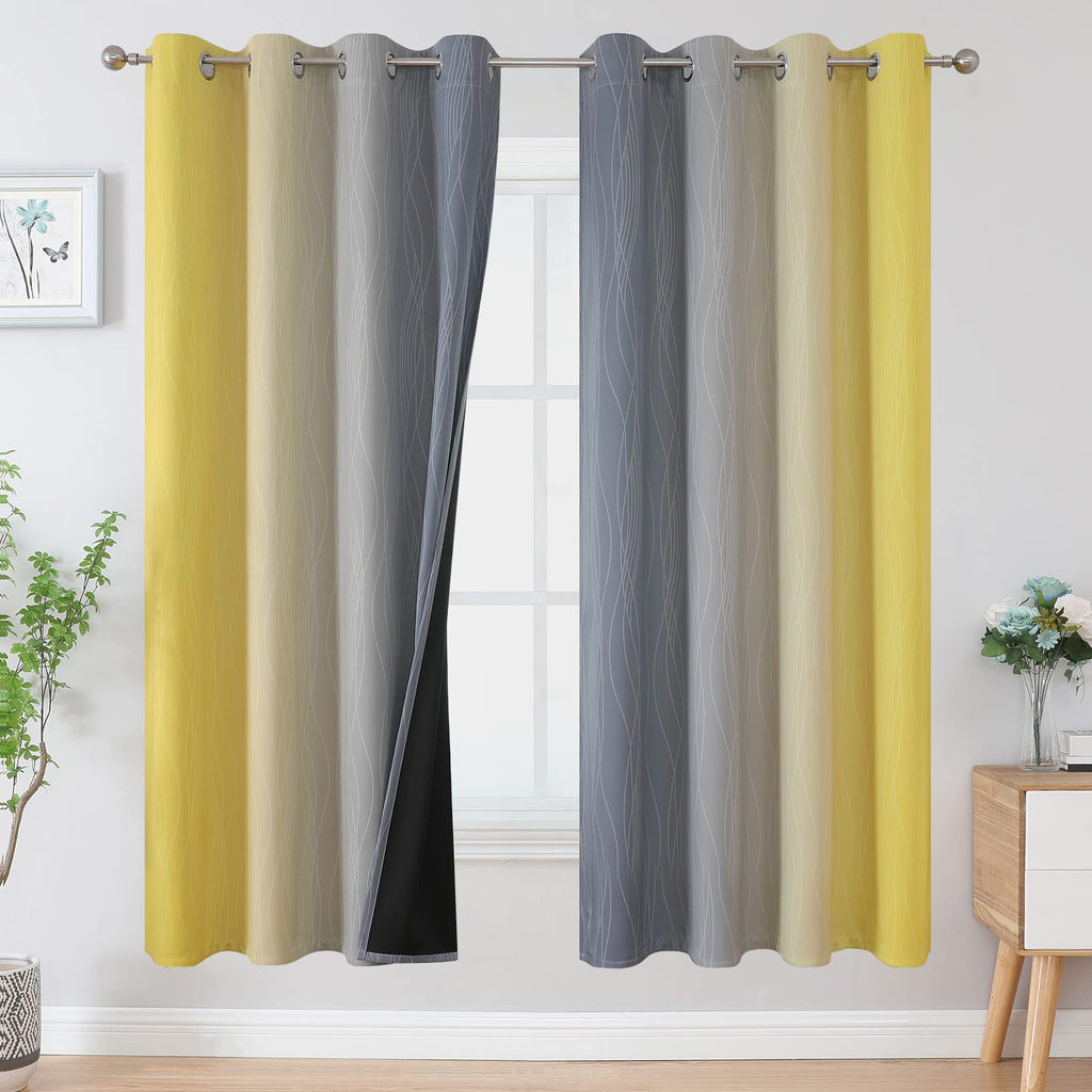 Grey and Yellow Ombre Blackout Curtains for Living Room 52Wx72L Inch Length