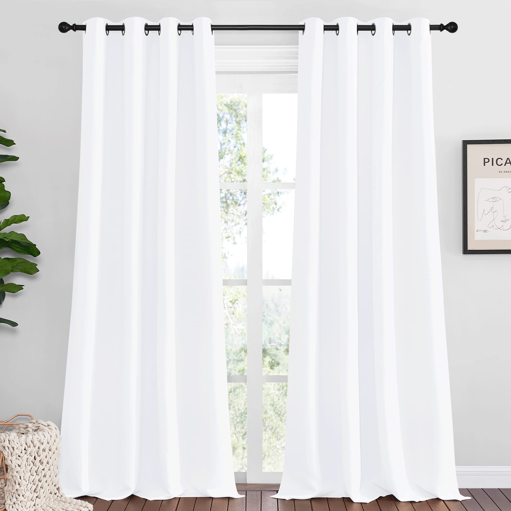 NICETOWN White Curtains for Sliding Door - 55 by 96, 2 Pieces, Blocking Out 50% Sunlight Window Treatment Modern Design Grommet Curtain Panels for Dining Room