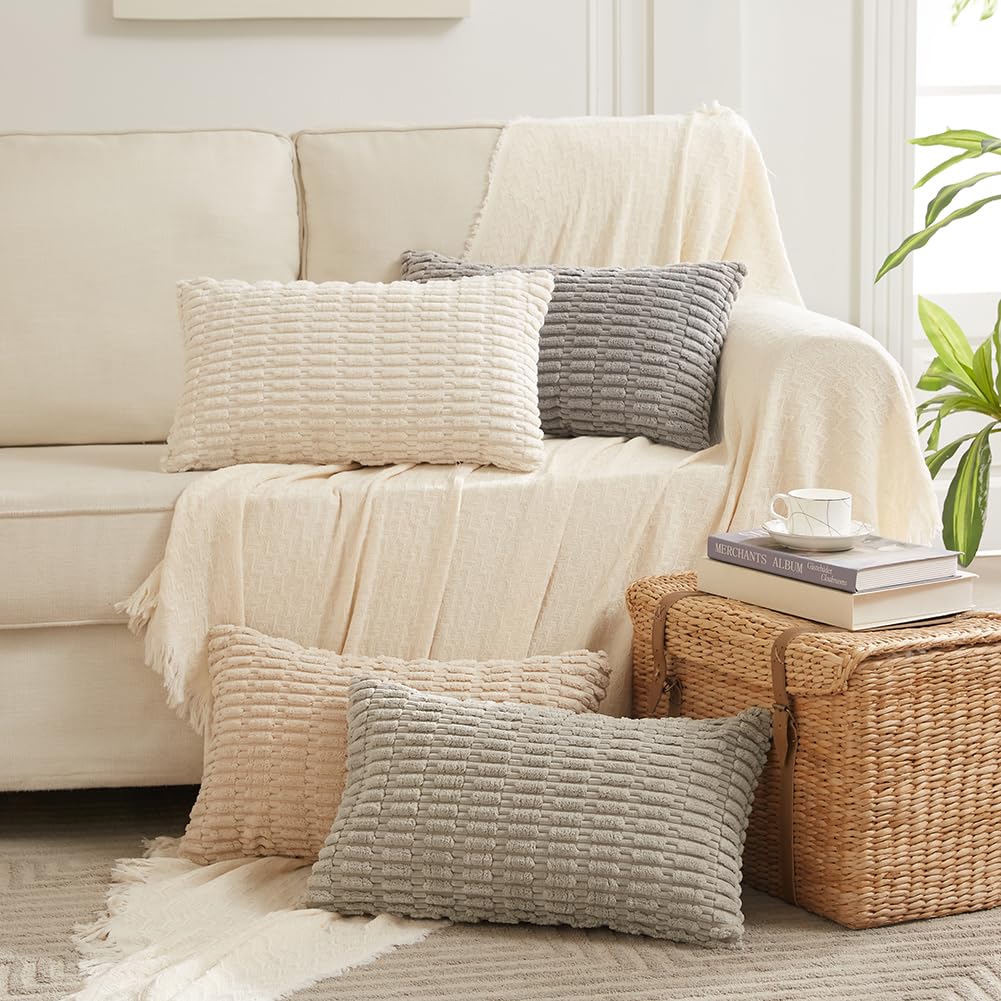 Fancy Homi 4 Packs Decorative Throw Pillow Covers for Living Room Couch Bed, Modern Farmhouse Boho Home Décor Accent Cushion Case, 24" x 14", Tan