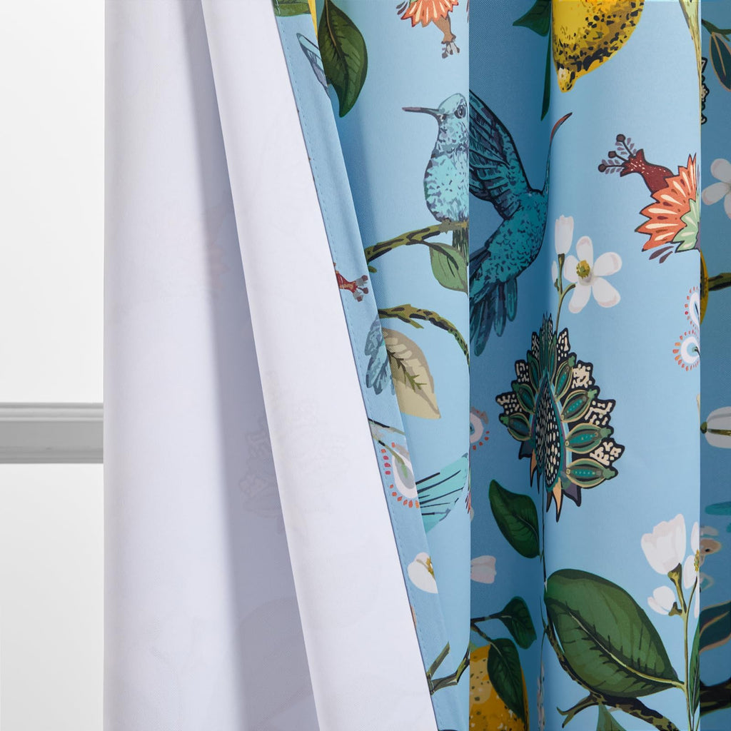 Topfinel Blue Patterned Curtains 2 Pages 96 Inches Long Blackout Heat Block Farmhouse Watercolor Floral Flower Hummingbird Printed Drapes Grommet Window Treatment for Living Room,96 Inch Length
