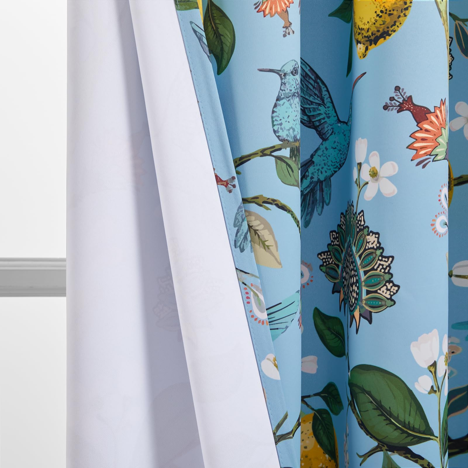 Topfinel Blue Patterned Curtains 2 Pages 96 Inches Long Blackout Heat Block Farmhouse Watercolor Floral Flower Hummingbird Printed Drapes Grommet Window Treatment for Living Room,96 Inch Length