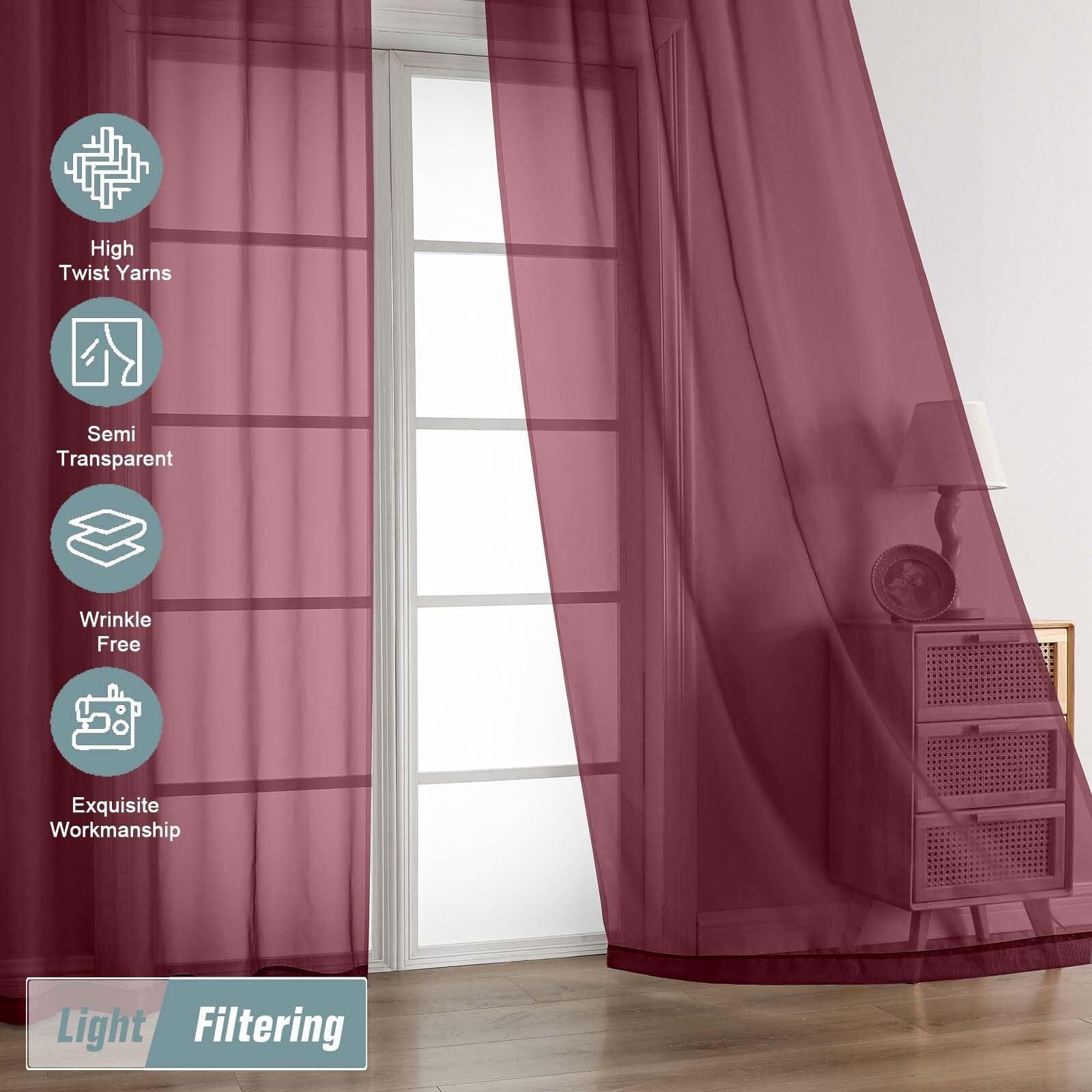 Ebesto Burgundy Sheer Curtains 120 Inches Long 2 Panels, Extra Long Light Filtering Modern Window Curtains for Sliding Glass Door, Rod Pocket Voile Drapes for Living Room Bedroom, 2x42Wx120L Inches
