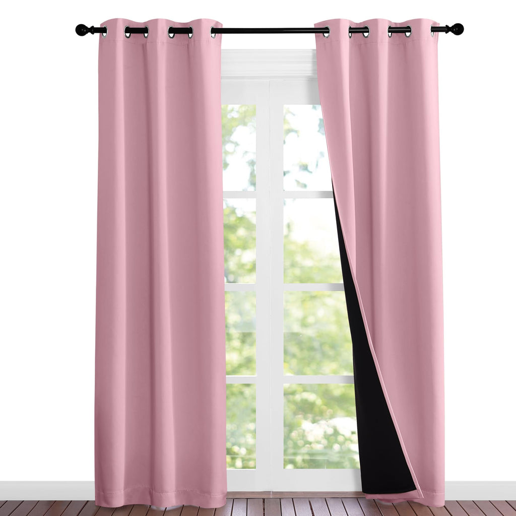 NICETOWN 100% Blackout Short Curtains with Black Liners, Solid Thermal Insulated Full Blackout 2-Layer Lined Drapes, Energy Efficiency Window Drapes for Bedroom (2 Panels, 37"W by 84"L, Crystal Pink)