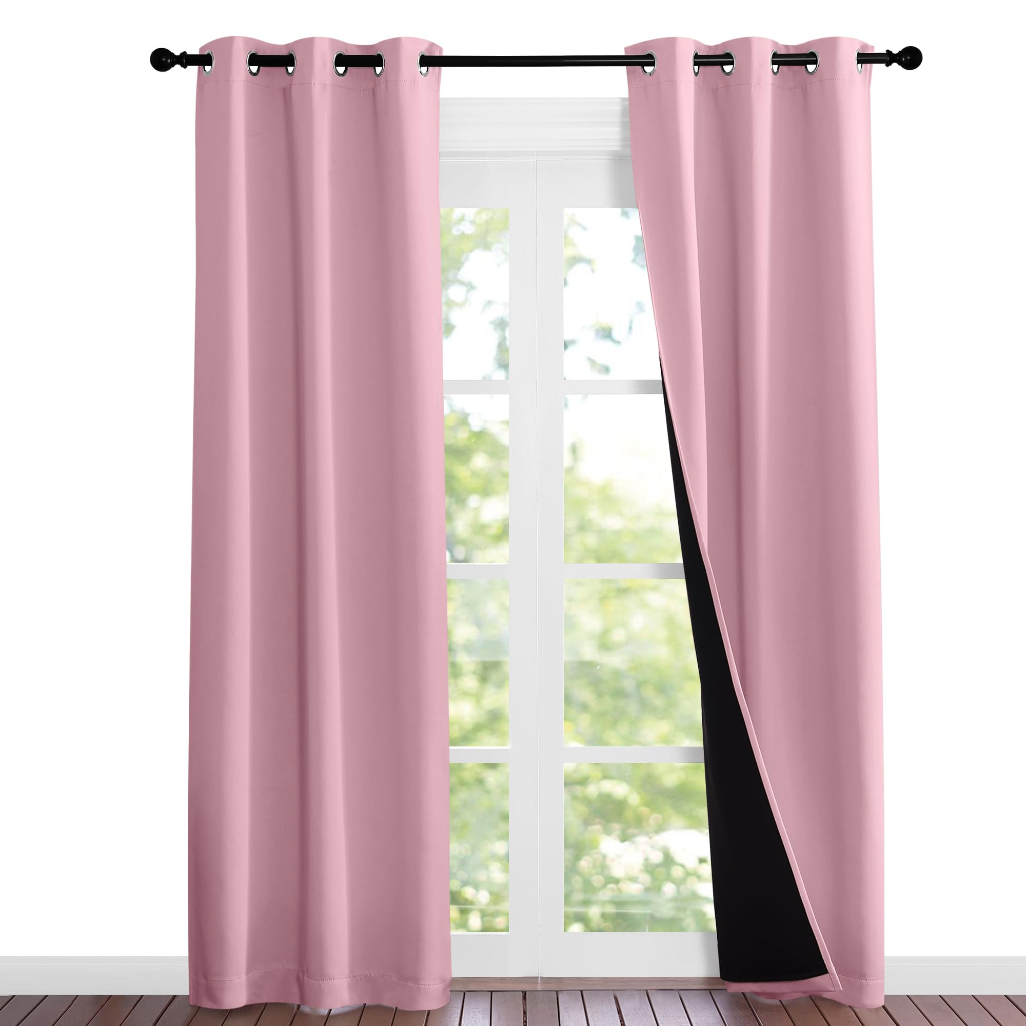 NICETOWN 100% Blackout Short Curtains with Black Liners, Solid Thermal Insulated Full Blackout 2-Layer Lined Drapes, Energy Efficiency Window Drapes for Bedroom (2 Panels, 37"W by 84"L, Crystal Pink)